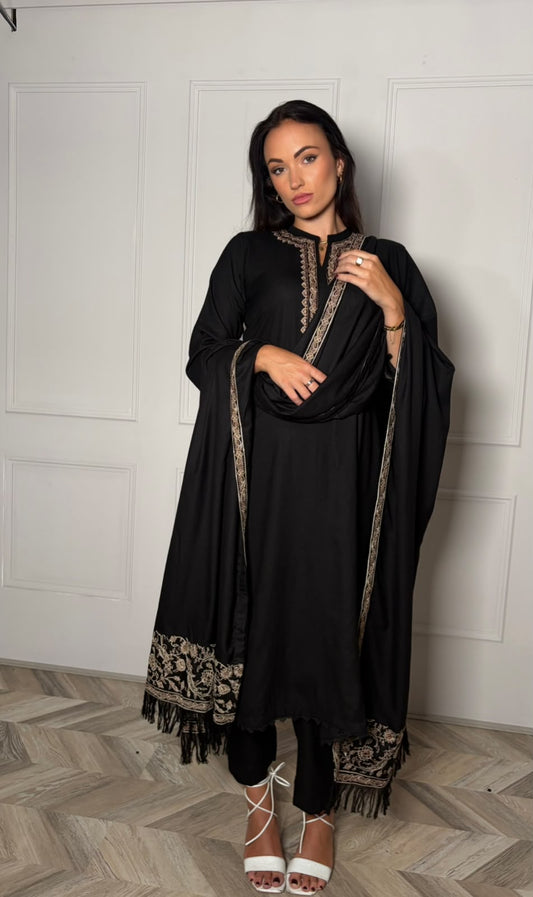 ZARISH — Embroidered Black Winter Viscose 3-Piece with Shawl