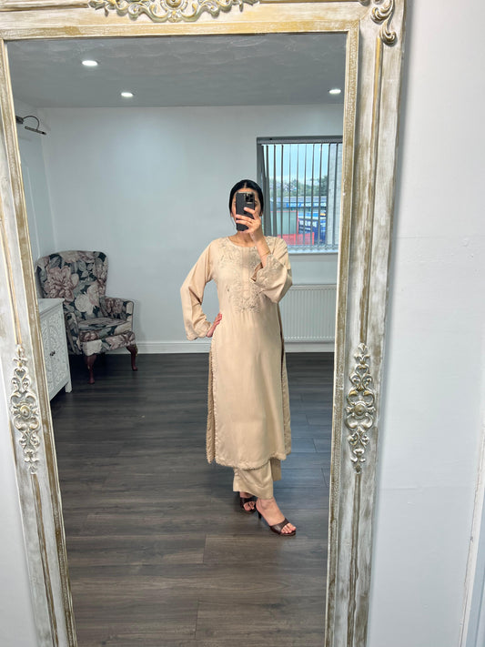 Aabroo Sand Beige Embroidered 2-Piece