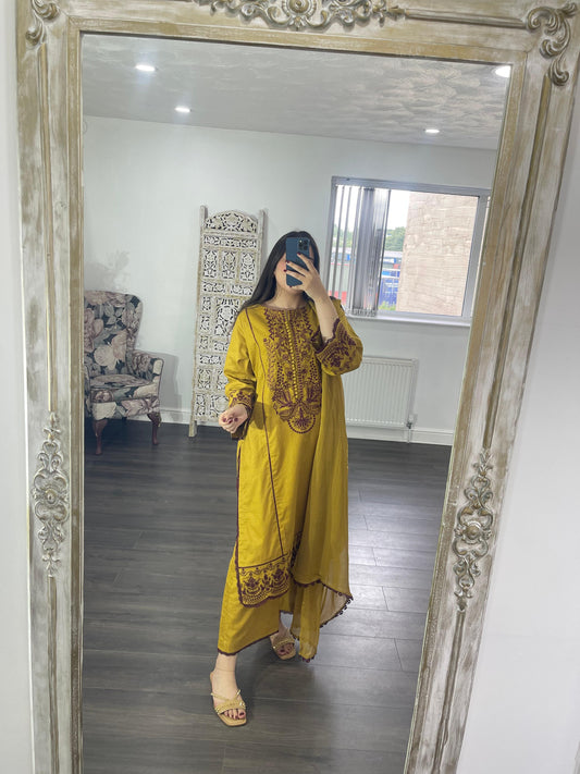 Montaha Three Piece Embrodierery Outfit  Mustard