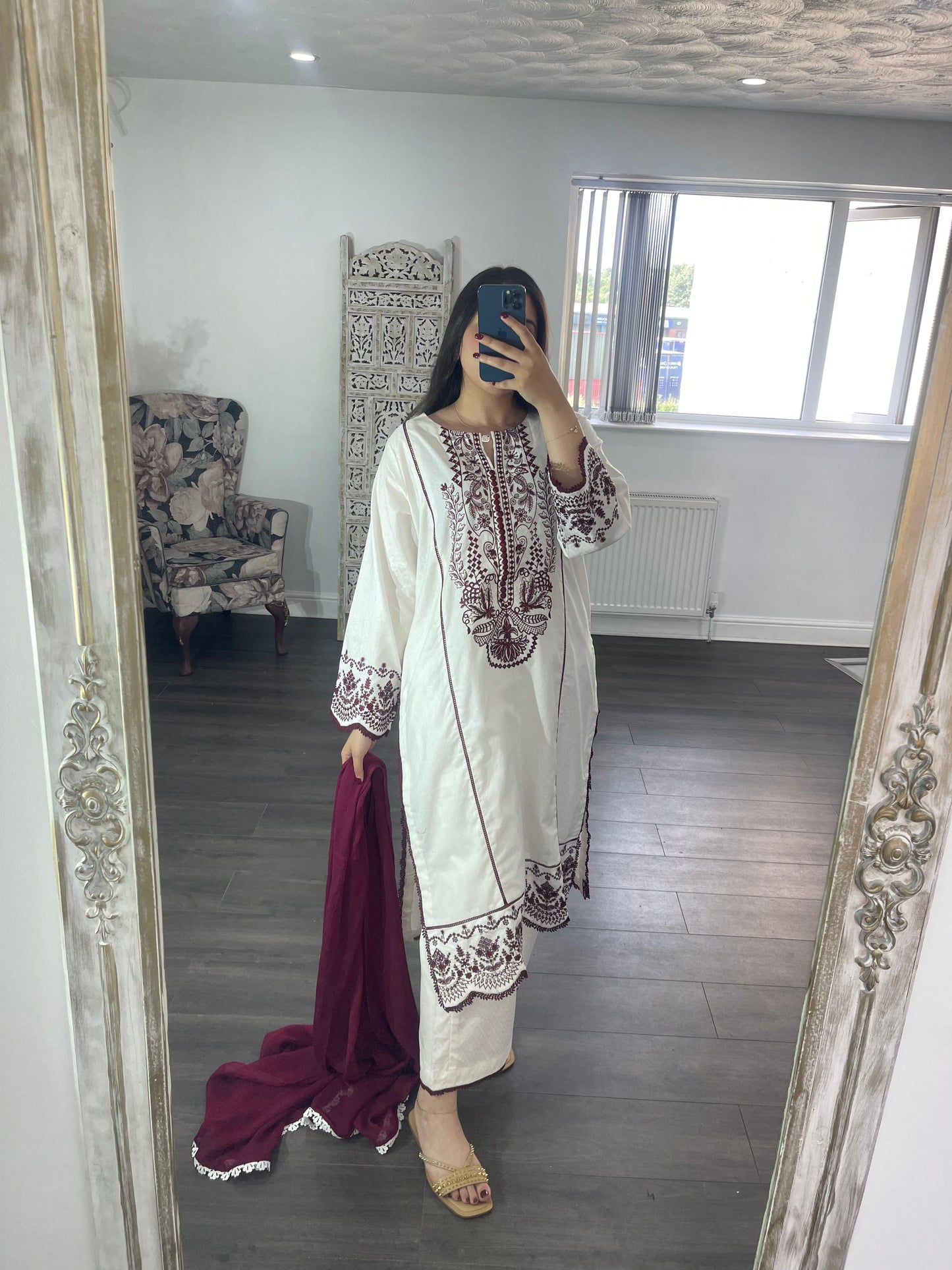 Montaha Three Piece Embroidery Outfit  White and Marooon
