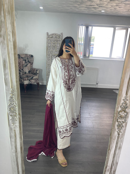 Montaha Three Piece Embroidery Outfit  White and Marooon