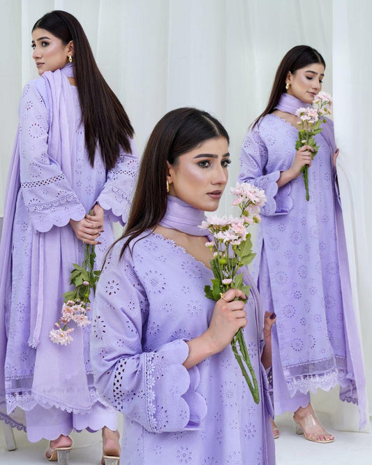 La Lavende Three piece chikenkari Suit