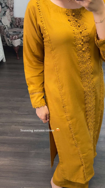 Amber Bloom – Mustard Gold Embroidered 2-Piece Lawn Set