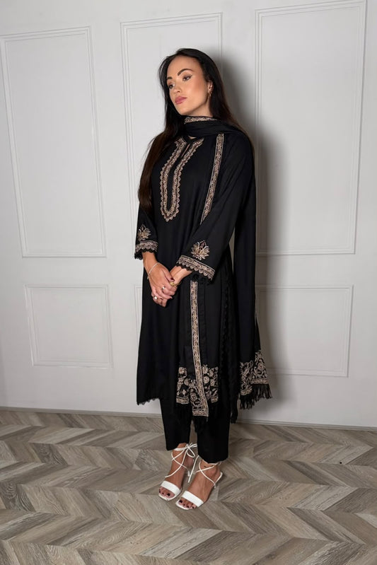 ZARISH — Embroidered Black Winter Viscose 3-Piece with Shawl
