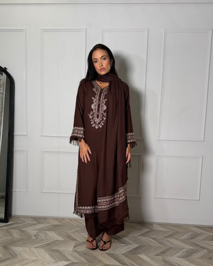 RAMEESHA — Embroidered Winter Viscose 3-Piece in Chocolate Brown