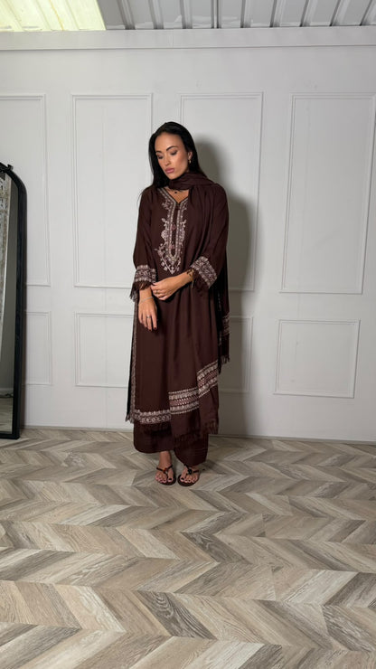 RAMEESHA — Embroidered Winter Viscose 3-Piece in Chocolate Brown