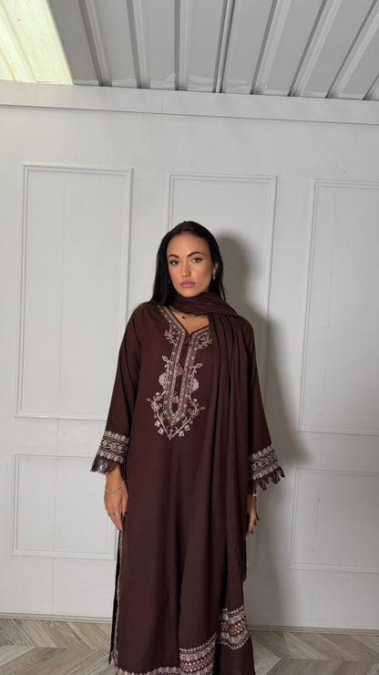 RAMEESHA — Embroidered Winter Viscose 3-Piece in Chocolate Brown
