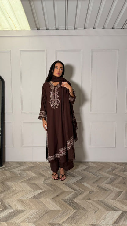 RAMEESHA — Embroidered Winter Viscose 3-Piece in Chocolate Brown