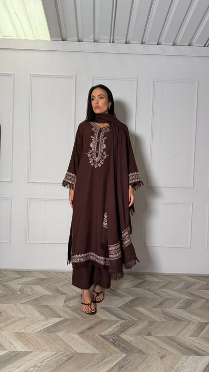 RAMEESHA — Embroidered Winter Viscose 3-Piece in Chocolate Brown
