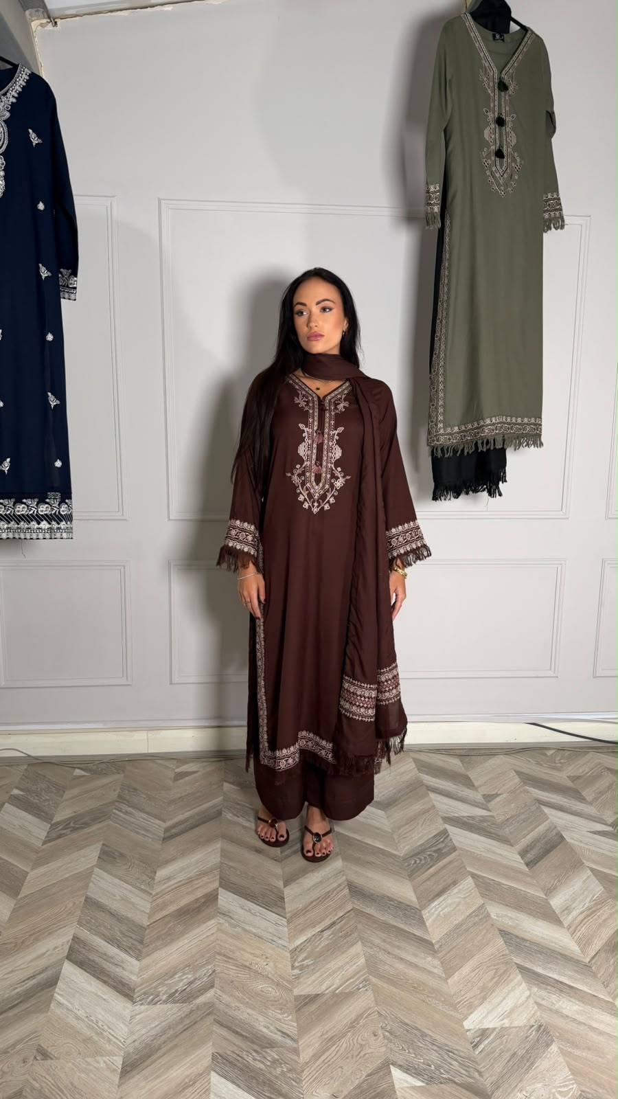 RAMEESHA — Embroidered Winter Viscose 3-Piece in Chocolate Brown