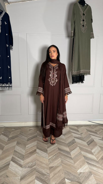 RAMEESHA — Embroidered Winter Viscose 3-Piece in Chocolate Brown