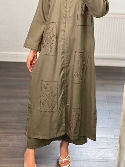 BILMA – Olive Green Embroidered 2 Piece Suit