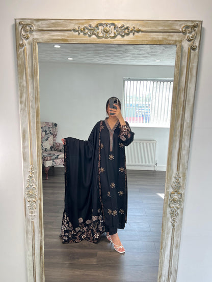 MEHRIZA – 3 Piece Karandi Appliqué Suit