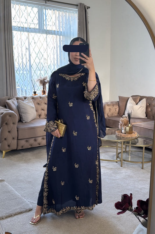Zeenat – Navy Blue & Gold Embroidered 3-Piece Suit