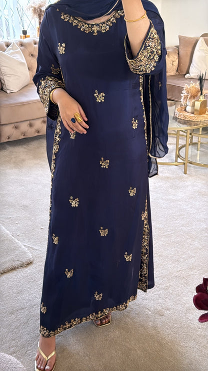 Zeenat – Navy Blue & Gold Embroidered 3-Piece Suit