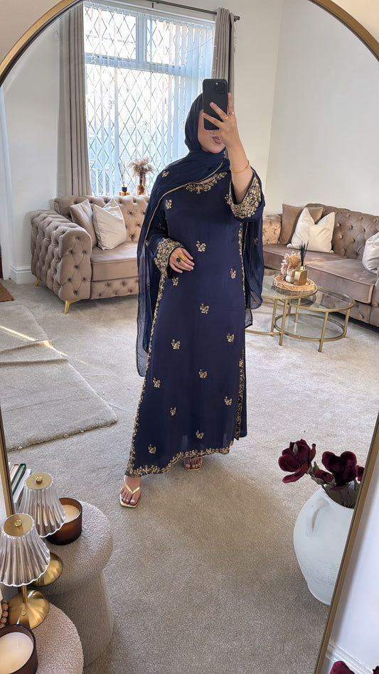 Zeenat – Navy Blue & Gold Embroidered 3-Piece Suit